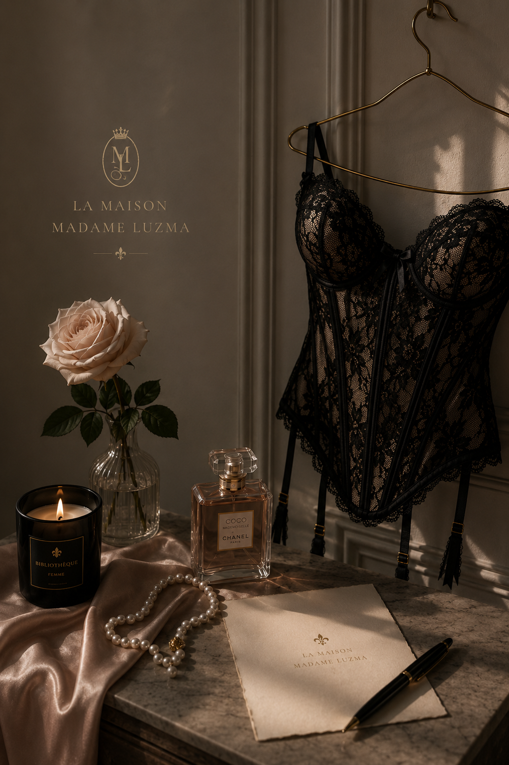 Corsé de encaje negro, rosa, perlas, perfume y papelería de La Maison Madame Luzma