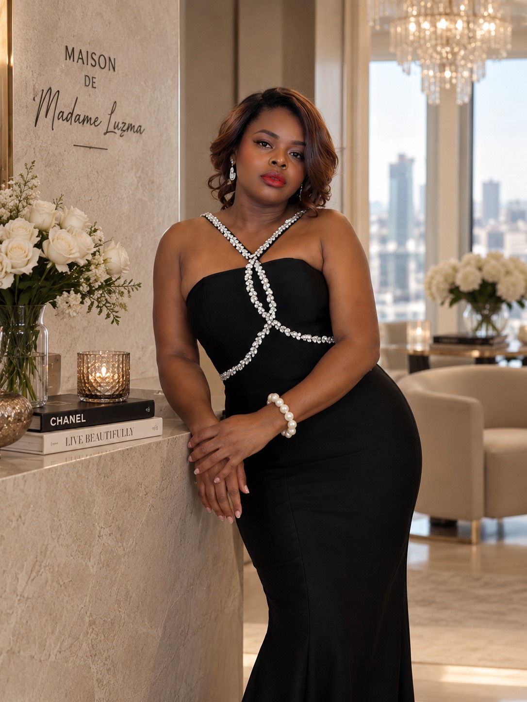 Madame Luzma con vestido negro de pedrería